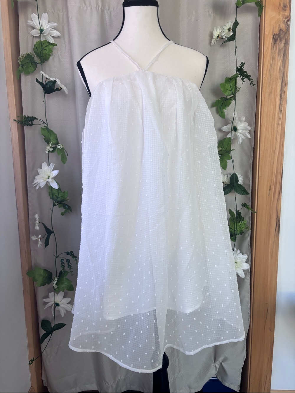 Charming Women’s White Polka Dot Mid-Length Halter Dress- Formal, Flowy